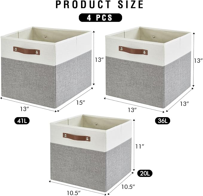 13x15x13 Storage Cube Bins, Foldable Storage Organizer Baskets, Fabric Cube Storage Boxes with 2 Reinforced PU Handles for Kallax, Shelves, Living Room | 4 Pack, Gray & White - Image 4