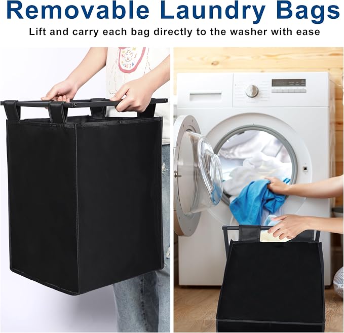 Whitmor Laundry Sorter, 92L Laundry Hamper with Shelf & 2 Removable Bags, 2 x 12.1 Gallons (46L), 28.8 x 13 x 28.4 Inches, Dirty Clothes Hamper Organizer for Laundry Room, Bathroom, Dorm, Black - Image 6