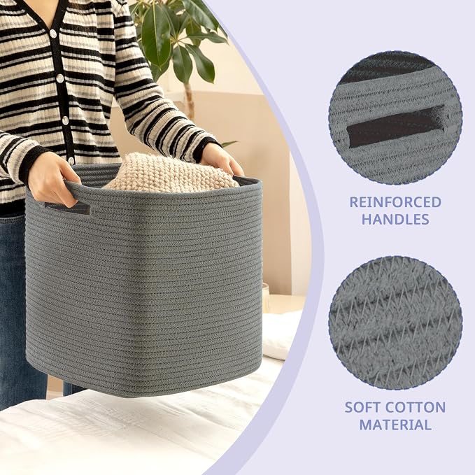 OIAHOMY 2 PACK Cube Storage Bin 13 Inch Collapsible Storage Cube Dark Grey | Cube Storage Organizer Storage Bins for Shelves Baskets for Organizing Woven Rope Storage Baskets - Image 3
