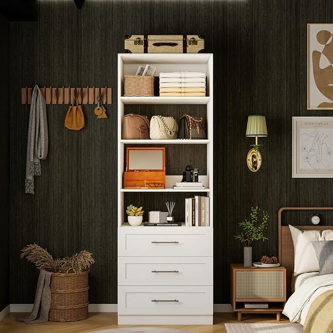 Closet System with 9 Drawers & 12 Shelves, Wood Closet Organizer System with 3 Extra Hanging Rod for Walk in Closet, Modular Closet Organizer System White(6FT) - Image 7