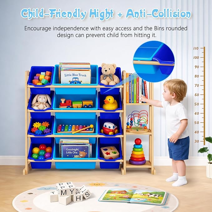 Kids Toy Storage Organizer with Bookshelf – Wooden Shelf with 12 Bins & 3 Shelves, Quick Assembly Storage Rack for Playroom, Bedroom, Nursery– Blue - Image 4