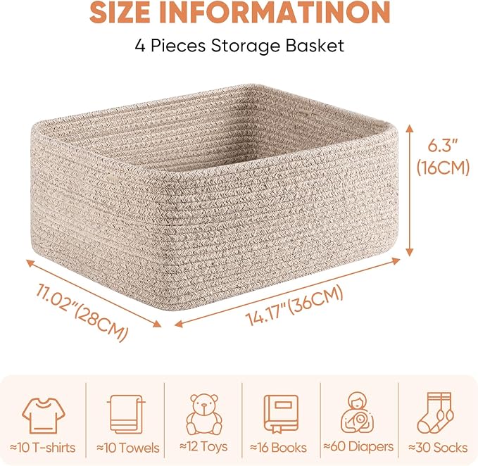 OIAHOMY 4 Pack 14.17 * 11.02 * 6.3IN Storage Baskets for Organizing Shelves, Woven Rope Baskets for Organizing Books, Clothes, Decorative Basket for Living Room, Nursery, Bedroom, Gift Basket, Brown - Image 2