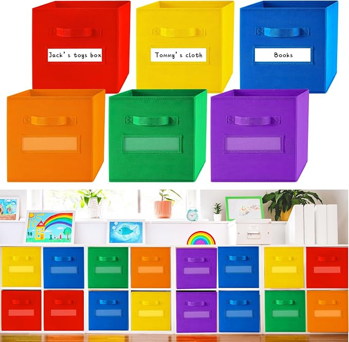 FillTouch 18pcs 11 Inch Fabric Storage Cubes Sturdy Colorful Cube Storage Bins with Label Window Handle Foldable Baskets for Kids Organizing Clothes, Toys, Books(School Color) by FillTouch
