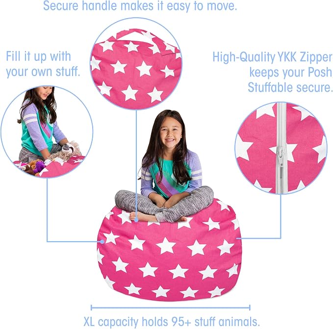 Posh Creations Kids Stuffed Animal Storage Bean Bag Chair Cover - Childrens Toy Organizer, Large-38in, Canvas White Stars on Pink - Image 2
