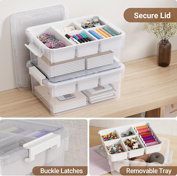 40Qt Stackable Storage Bins with Lids Trays Craft Box Organizers, 2Pack,WH | Clear Plastic Latching Boxes Organizers with Dividers Portable Containers for Arts & Crafts, Home Office Classroom Car Trunk - Image 3