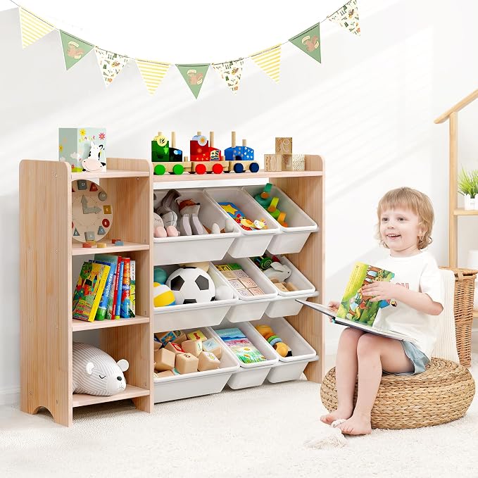 MallBest Kids Toy Storage Organizer with Bins, Solid Pine Wood Frame Toy Storage Cabinet and Kids Bookshelf, 3-Tier Playroom Organizer for Kids Room, Nursery and Bedroom, Natural - Image 2