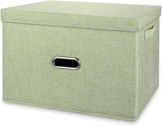 Linen Fabric Collapsible Storage Bins with Removable Lids and Handles, Washable Storage Box Containers Baskets Cube with Cover for Bedroom,Closet,Office,Living Room,Nursery (Green, Medium) by Unknown