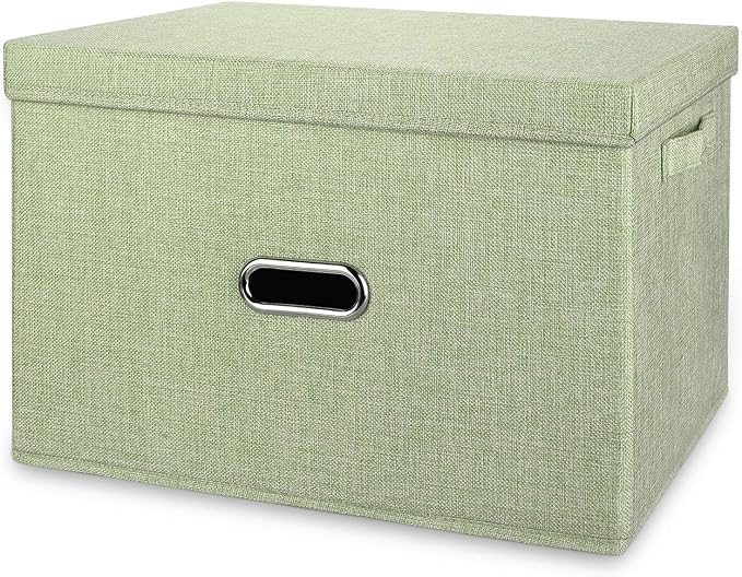 Large Linen Fabric Foldable Storage Bins with Removable Lid and Handles, Washable Storage Box Organizer Containers Baskets Cube with Cover for Bedroom,Office(Green, XXL) by Unknown