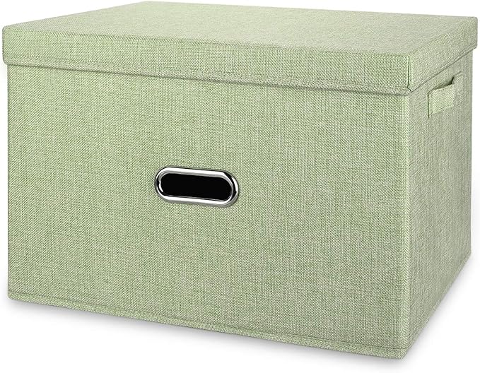 Large Linen Collapsible Storage Bins with Removable Lids and Handles, Washable Storage Box Containers Baskets Cube with Cover for Bedroom,Closet,Office,Living Room,Nursery (Green, Large) by Unknown