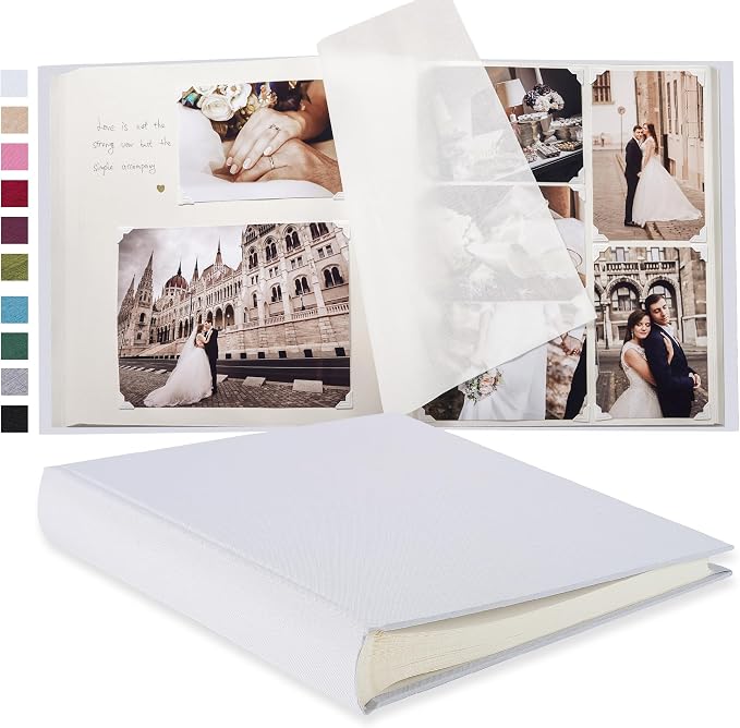 Pssoss Large Linen DIY Scrapbook Album with Writing Space, 100 Pages, White | Fits 3x5, 4x6, 5x7, 6x8, and 8x10 photos for baby, wedding, family, children, anniversary, and memory keeping. by Pssoss