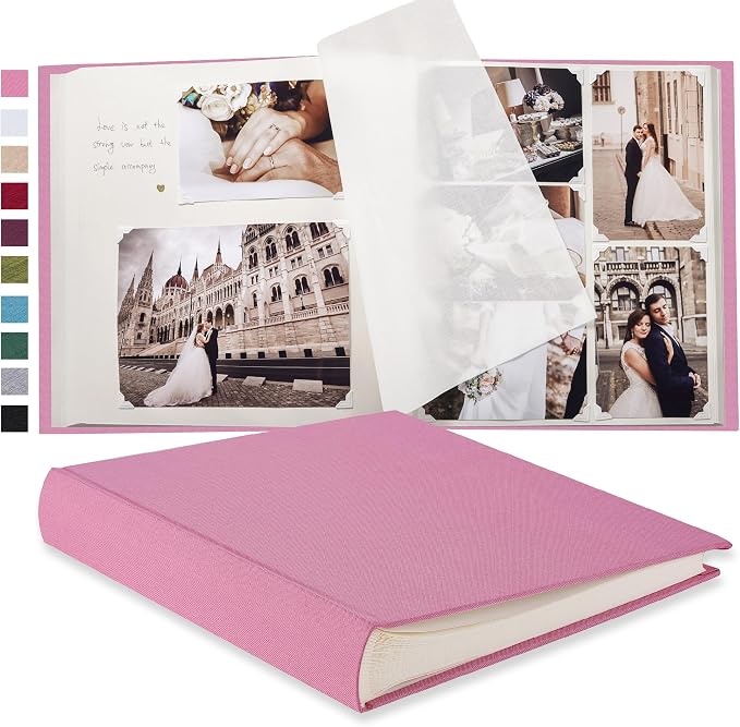 Pssoss Large Linen DIY Scrapbook Album with Writing Space,100 Pages, Pink | Fits 3x5, 4x6, 5x7, 6x8, and 8x10 photos for baby, wedding, family, children, anniversary, and memory keeping. by Pssoss