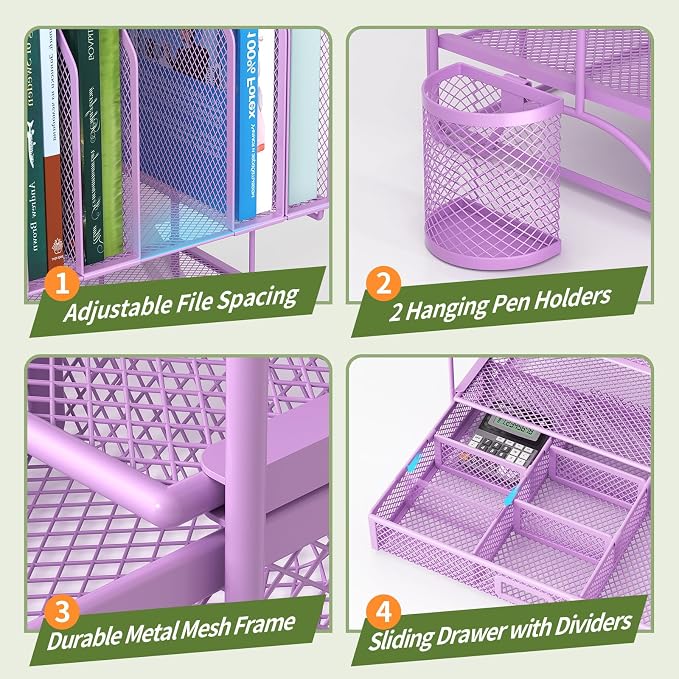 FANXIYQ Metal Desk Organizer with Sliding Drawer, 7-Section File Organizer for Desk, Desktop File Folder & Paper Organizer with 2 Hanging Pen Holders, Office Supplies Organizer, Purple - Image 7