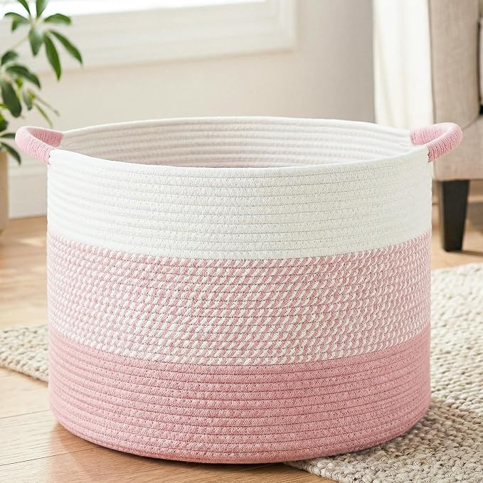 Artfeel 100L Large Cotton Rope Basket, Decorative Woven Blanket Storage for Living Room, Boho Toy Storage & Toy Box for Kids, Versatile Laundry Basket & Nursery Hamper for Blankets(Pink) by Artfeel