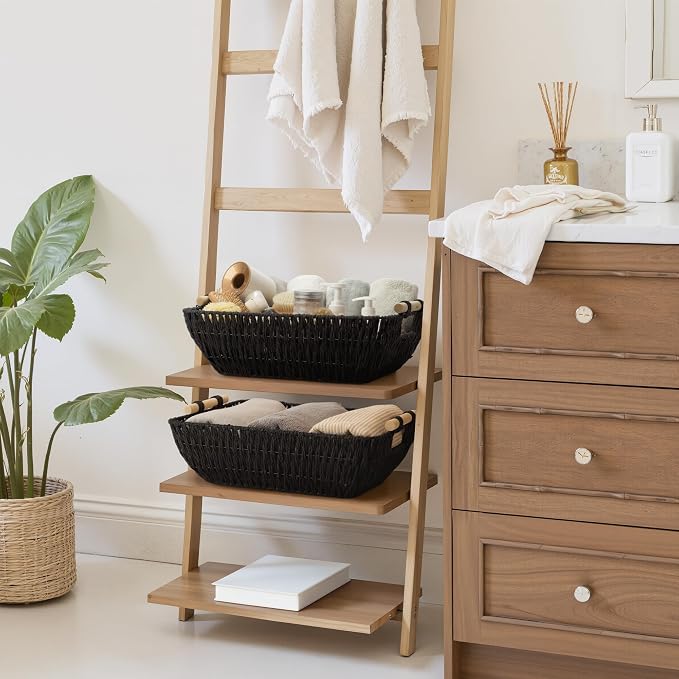 StorageWorks Large Wicker Storage Basket, Paper Rope Storage Baskets, Black | Wicker Storage Baskets for Shelves, Baskets with Wooden Handles, 2-Pack Gifts Basket for Home Decor, Hand-Woven Basket - Image 6