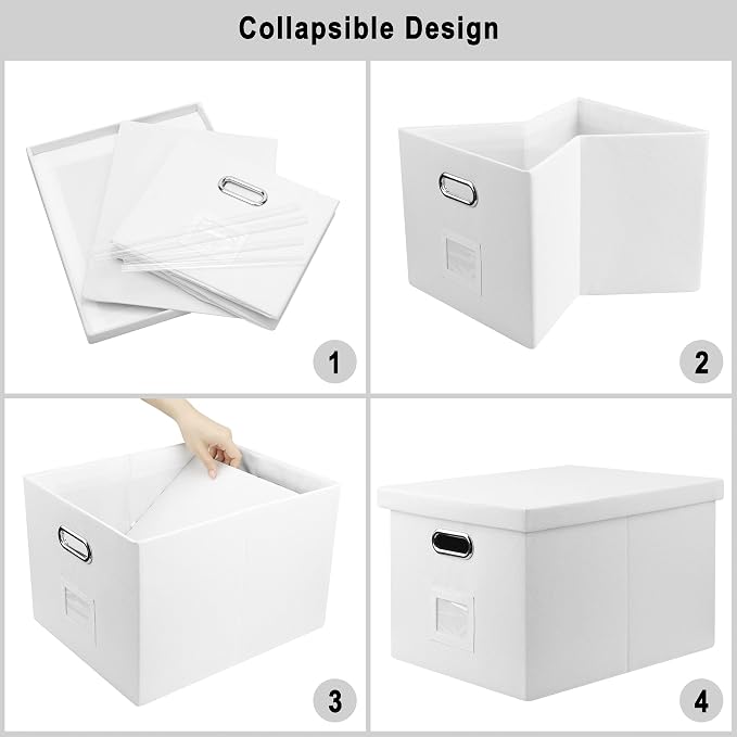 Storage Bins With Lids Office Organization File Folder Organizer Boxes | White, 2 Pack, 15.1" * 12.2" * 10.04", Built-In Handle, Collapsible, Stackable, Dustproof, Linen Fabric, Cardboards - Image 5