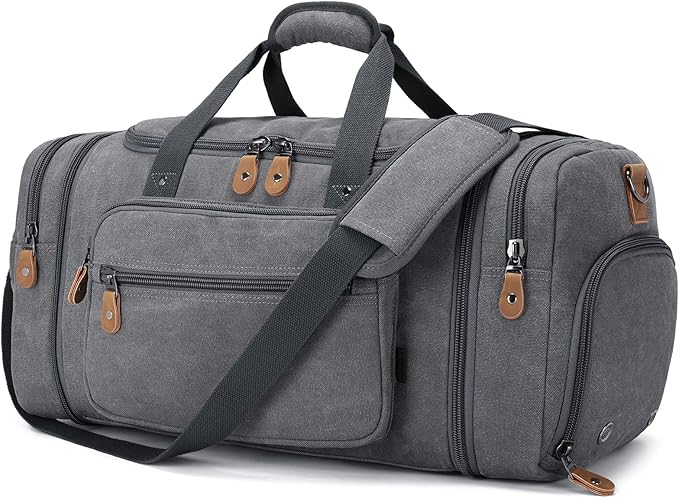 Gonex Canvas Duffle Bag, Expandable 60L Travel Overnight Weekender Bag | for Men, with Shoe Compartment, Multiple Pockets, Tear-Resistant, Durable Zippers, Detachable Strap, Gray by Gonex