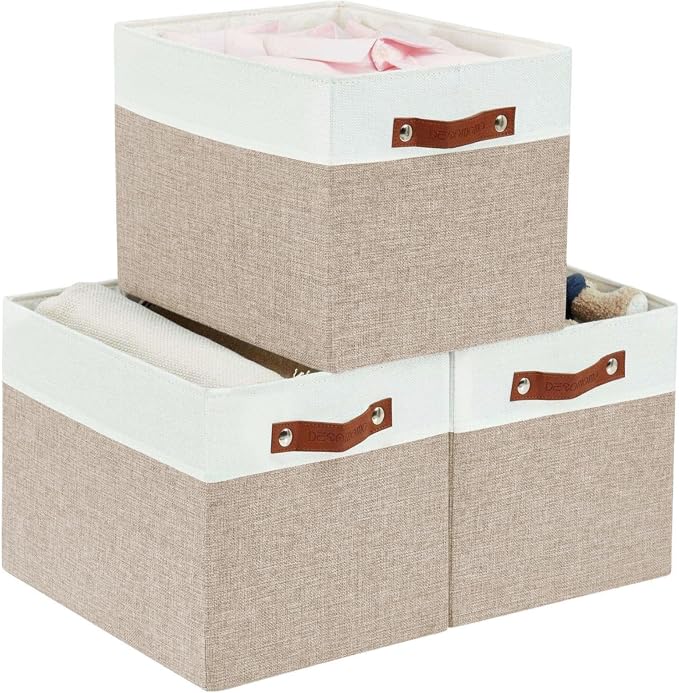 DECOMOMO Kallax Storage Cubes, Storage Baskets for Shelves 3-Pack | 13 x 15 x 13 Storage Bins, Baskets for Organizing Shelves (Beige & White) by DECOMOMO