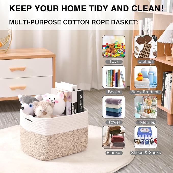 Storage Baskets for Organizing, Woven Storage Baskets for Shelves, Toy Storage Baskets for Kid's Room, Towel Baskets for Bathroom Nursery, 14.8"×11"×9.5", Pack of 3, Off White & Brown - Image 4