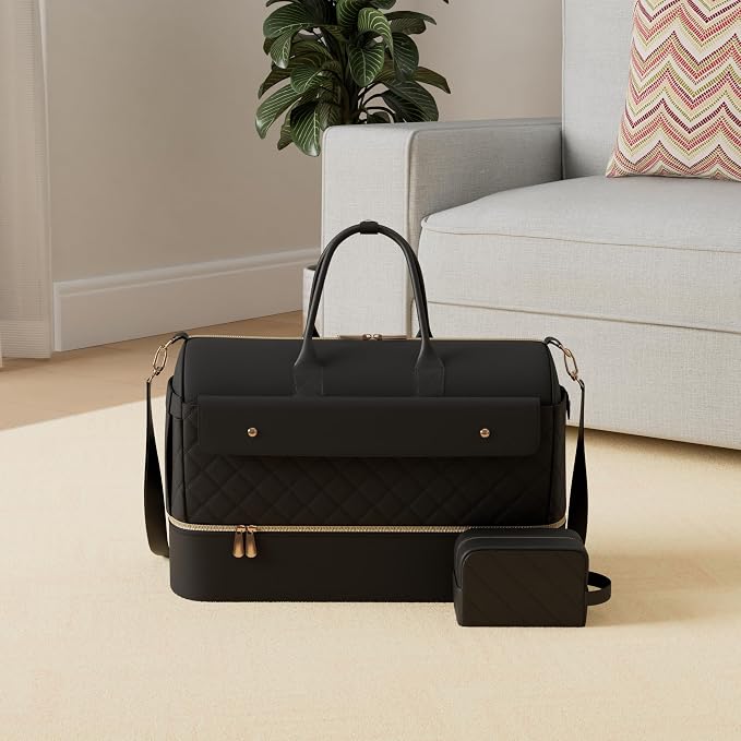 Weekender Bags for Women, Large Travel Duffel Bag with Shoe Compartment, Carry on Overnight Bag with Toiletry Makeup Bag, Gym Duffel Bag Travel Tote Bag for Travel Gym Camping Hospital, Black - Image 2