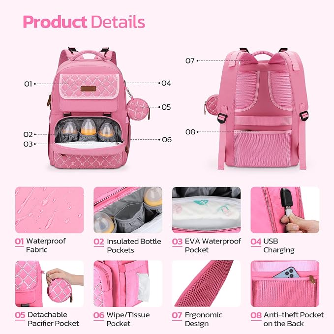 Maelstrom Large Diaper Bag,29L-45L Expandable Diaper Bag Backpack for 2 Kids/Twins Baby Stuff, with Removable Cross Body Bottle Bag for Mom/Dad, Stylish Baby Bag Gift for Boys/Girl-Pink - Image 5