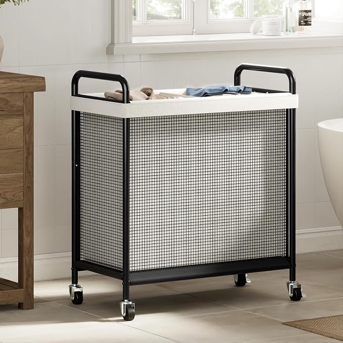 WOWLIVE Rolling Laundry Hamper 2 Section, 100L Laundry Basket with Wheels | Double Laundry Sorter with Metal Handle and Removable Bag, Large Clothes Hamper for Laundry Room, Bathroom and Dorm, Beige - Image 7