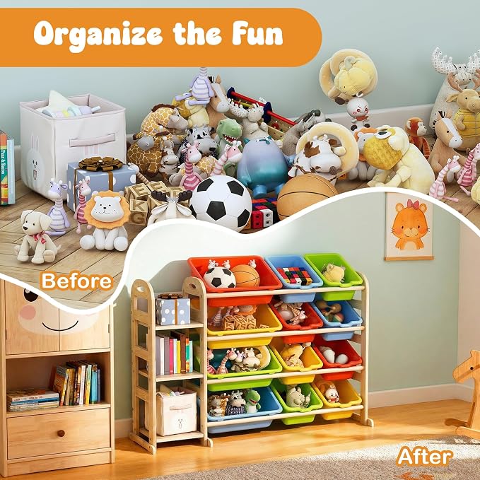 Toy Storage Organizer with Bookshelf, Wooden Toy Organizers with 3 Shelves 12 Storage Bins, Kids Bin Shelf Toys Box Bookcase for Playroom Bedroom Organization, Multi Color - Image 4