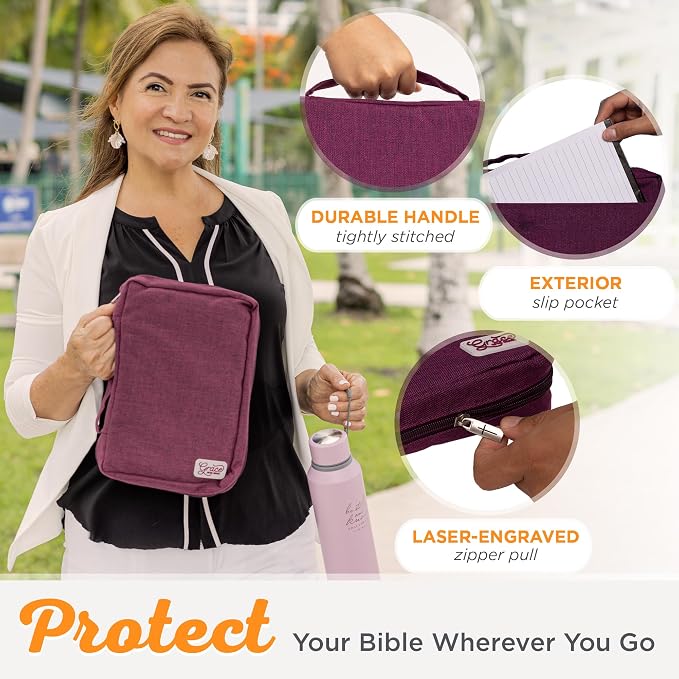 Christian Art Gifts Value Poly-Canvas Bible Cover Case for Women: Grace Upon Grace - John 1:16 Inspirational Scripture w/White Rubber Badge, Pocket, Pen Loops to Organize Accessories, Plum, Medium - Image 5
