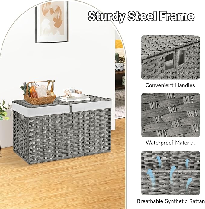 180L Wicker Storage Basket with Lid, Handwoven Rattan Large Shelf Basket with Removable Liner, 47.6 Gallon Wicker Basket for Blanket, Storage Trunk with Handle for Closet, Bedroom, Livingroom, Grey - Image 6
