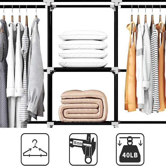 Portable Closet, Bedroom Wardrobe Closet for Hanging Clothes | 2 Hanging Rods, 8 Storage Organizer Shelves, Pipe Diameter 16mm, Durable and Easy to Assemble, Black - Image 6
