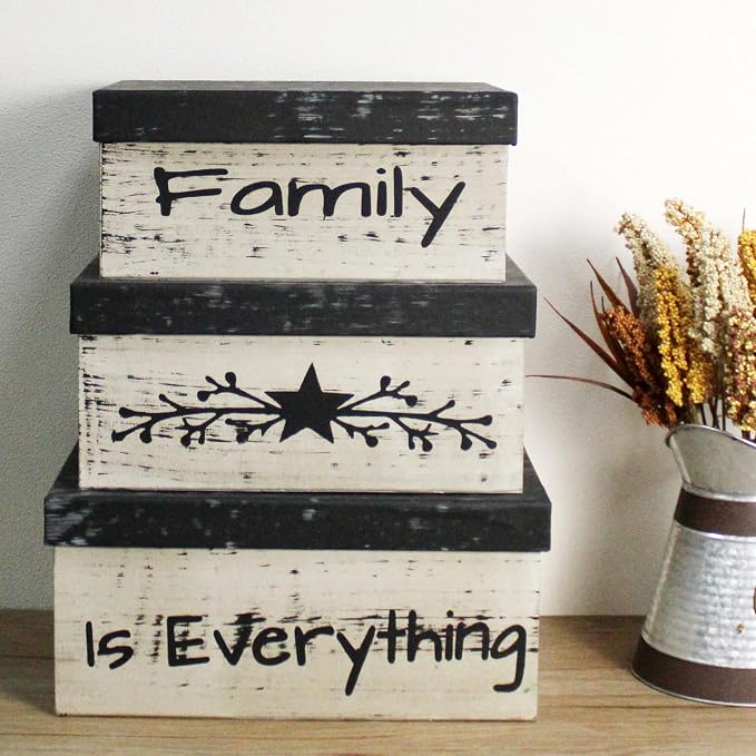 Primitive Vintage Rectangular “Family is Everything” Cardboard Nesting Boxes, Large 12 X 9 X 5-1/2 Inch. Set of 3. - Image 3