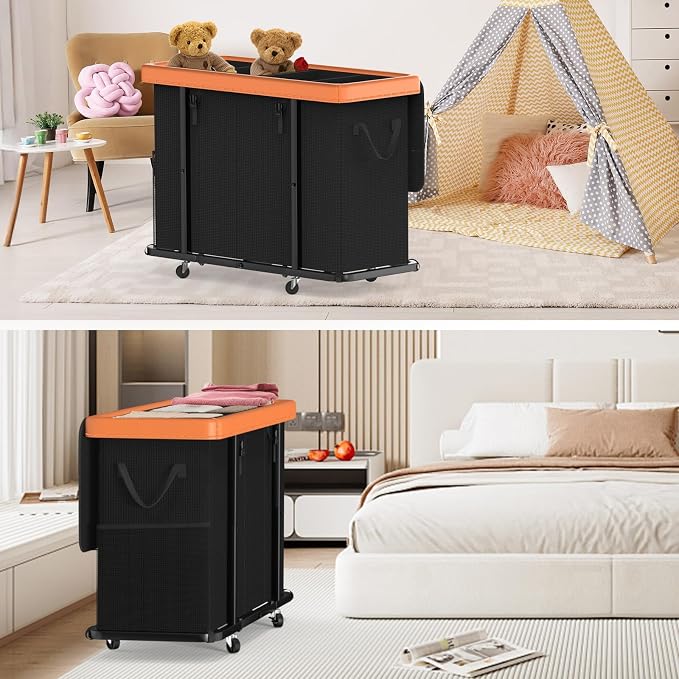 Laundry Basket with Wheels, 300L Leather Patchwork Laundry Sorter 4 Section | Sturdy Metal Frame, Removable Washable Bag, Tall Clothes Sorter for Bedroom - Black - Image 6