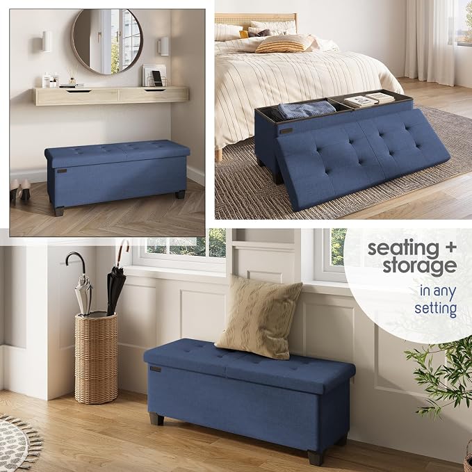 Storage Ottoman Bench with Bins, 43-in Storage Bench for Bedroom End of Bed, Folding Foot Rest Ottoman for Living Room Max 660lbs, Fabric Ottomans, Blue - Image 5