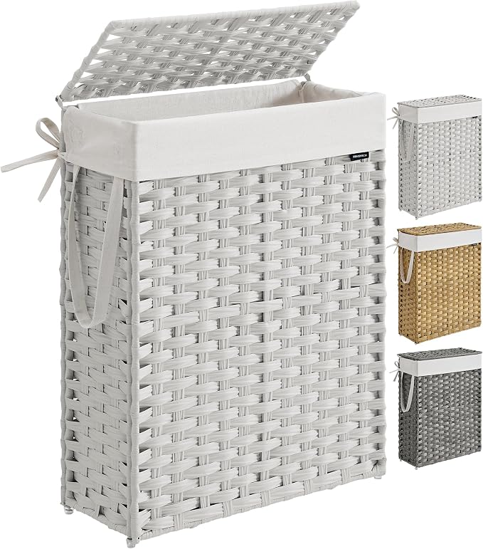 SONGMICS Slim Laundry Hamper with Lid, 14.5 Gallon (55L) Rattan Clothes Laundry Basket with Lid and Handles, Foldable, Removable Liner, Cloud White ULCB164W01 by Unknown