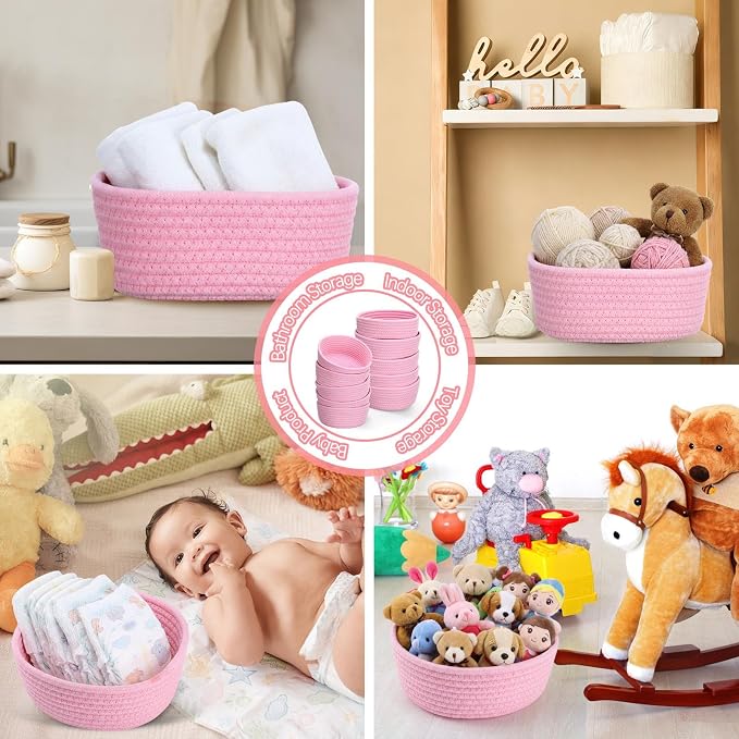 12 Pack Small Storage Basket Cute Natural Cotton Rope Woven Basket Tiny Boho Decorative Toy Storage Bin Gift Baskets for Home Organizing, Closet, Shelf, Nursery, Bathroom(Round,Pink) - Image 6