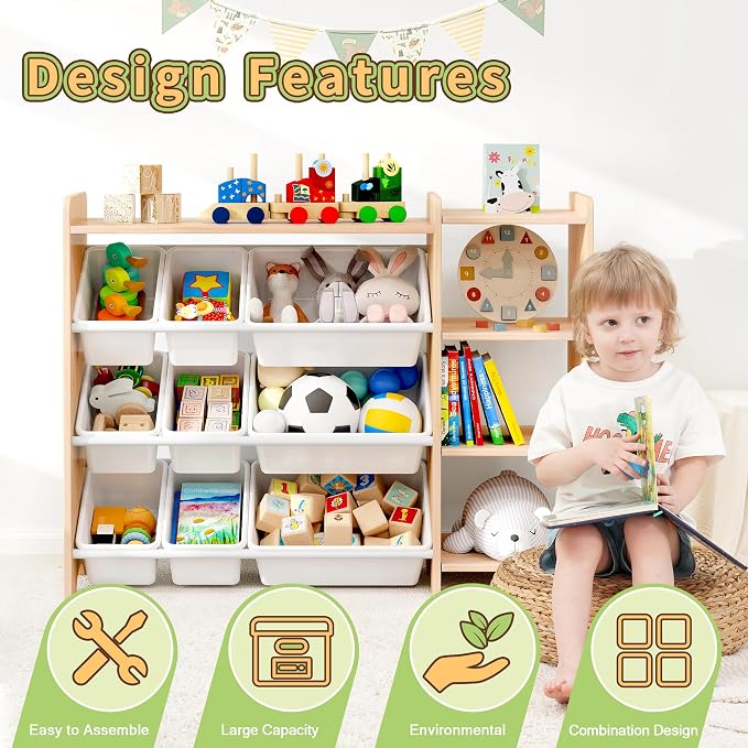 MallBest Kids Toy Storage Organizer with Bins, Solid Pine Wood Frame Toy Storage Cabinet and Kids Bookshelf, 3-Tier Playroom Organizer for Kids Room, Nursery and Bedroom, Natural - Image 6