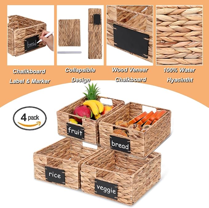 Woven Storage Baskets with Chalk Labels, 10.8x9x4.9 Inch, 4 Pack | Foldable Rectangular Water Hyacinth Organizers with Built-in Handles for Shelves, Pantry, Closet - Image 6