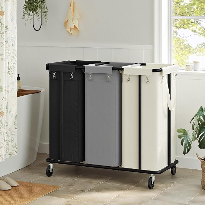 WOWLIVE Laundry Hamper 3 Section, 260L Rolling Laundry Basket with Wheels | Laundry Cart with Steel Frame and Removable Bags, Large Dirty Clothes Hamper Dorm Room Storage for Bedroom - Image 3