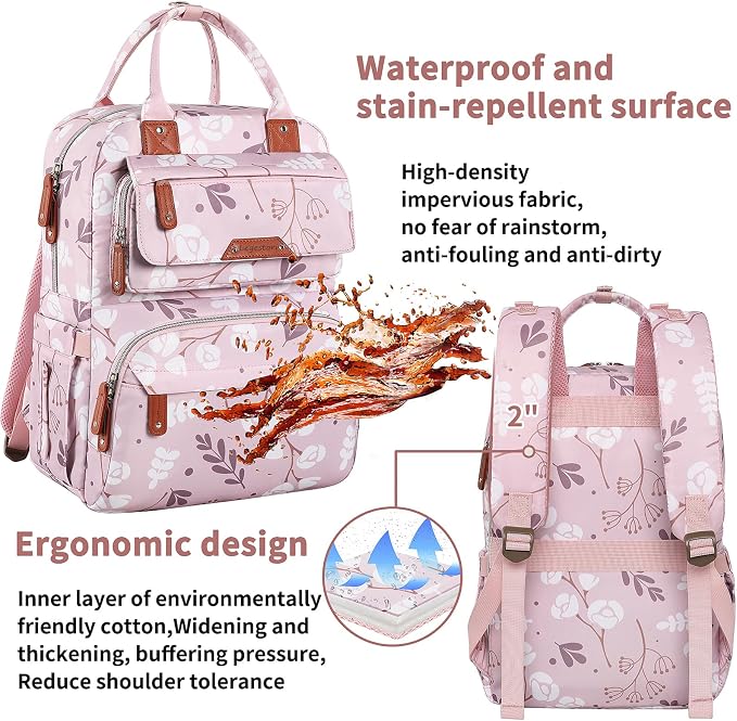 Diaper Bag Backpack for Baby Girl, Multifunction Waterproof Diaper Bag for Mom Dad, Large Pink Floral Baby Diaper Bags, Baby Essentials Travel Bag with Stroller Straps, Large Capacity, Stylish - Image 6