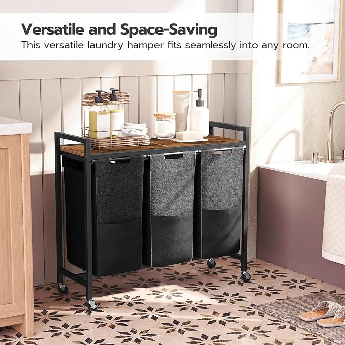HOOBRO Laundry Sorter 3 Section, Laundry Hamper with Wheels, 3 × 11.5 Gal (43.5 L), Rolling Laundry Basket, Pull-Out and Removable Oxford Fabric Laundry Bags, Rustic Brown and Black BF76XY01 - Image 5