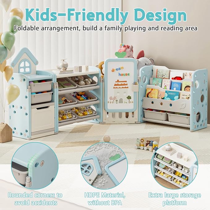 Kids Toy Storage Organizer with 10 Removable Bins, Foldable Toy Organizers and Storage with 3-Tier Bookshelf for Kids Toy Storage Organizer with Drawing Board, Extra 3 Brushes (4 In 1 Light Blue) - Image 3