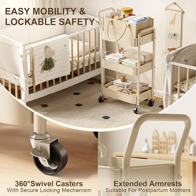 Baby Diaper Caddy Organizer Cart with Detachable Dividers, 3 Tier Metal Bedside Storage Rolling Cart with Wheels for Nursery, Postpartum Cart and Organizers for Newborn Essentials & Supplies (Oatmeal) - Image 2