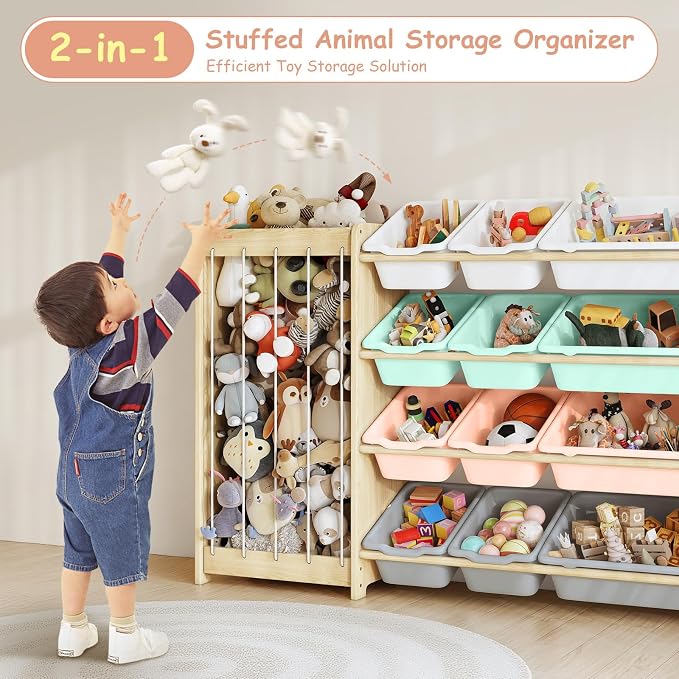 EXPERLAM Kids Toy Storage Organizer, 2-in-1 Stuffed Animal Storage & Toy Organizer w/12 Bins, Solid Wood Toy Rack Featuring Thicker Elastic Ropes to Hold Toys, Playroom Nursery Bedroom Storage, Multi - Image 6