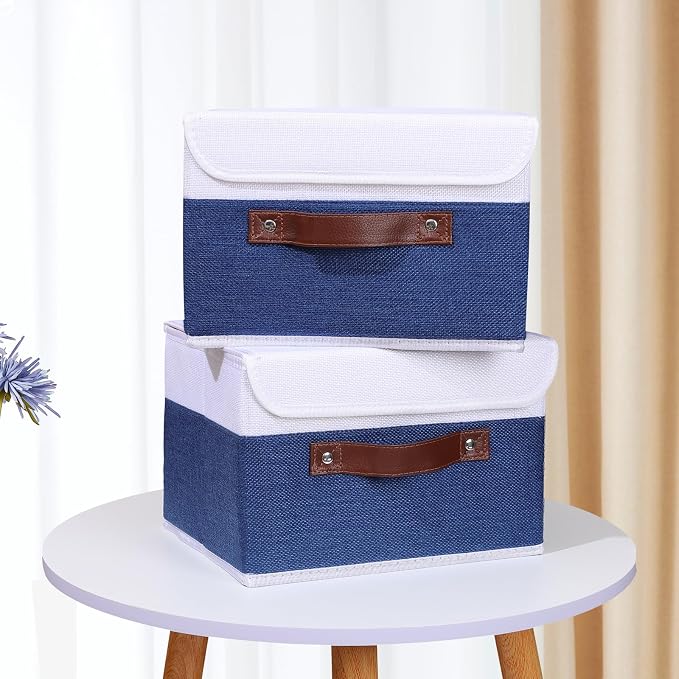 ANMINY Fabric Storage Box Bins with Lids, Blue White, 10"x8"x7", 2 Pack | Keepsake Memory Storage, Cotton Linen, PP Board Reinforced, Washable, PU Handles, Foldable & Stackable, Decorative, Small - Image 6