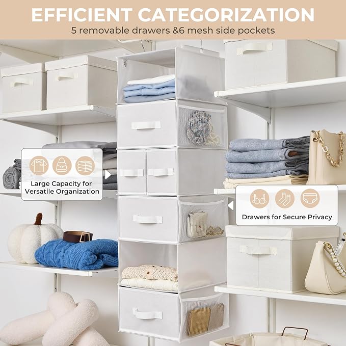 GRANNY SAYS Hanging Closet Organizer, 5 Drawers, 6 Shelves, 6 Pockets | Hanging Closet Organizer with 5 Different Drawer Designs, 6 Shelves & Reinforced Structure for Organized Small Space, Whites - Image 6