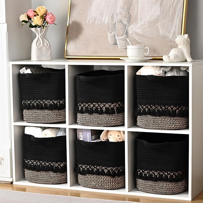 3 Pack Storage Basket for Shelves, Boho Cotton Rope Storage Bins with Heavy Tassel, Shelf Baskets Large Woven Baskets for Organizing, Cube Organizer Bins, Baby Laundry Basket for Clothes, Toys, Pets - Image 5