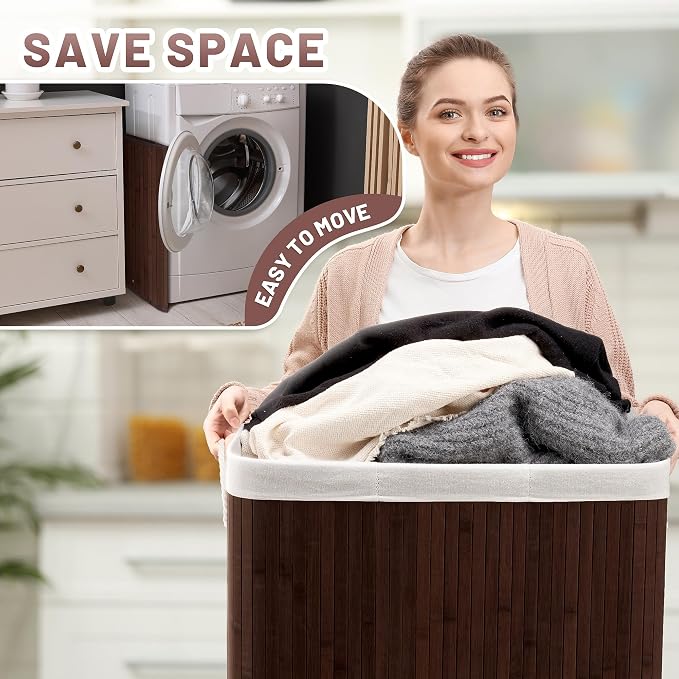 Aliphon 100L Laundry Hamper with lid, 2-Section Clothes Laundry Basket with Handles, Large Collapsible Bamboo Baskets for Bedroom, Bathroom, Dorm, Brown - Image 8
