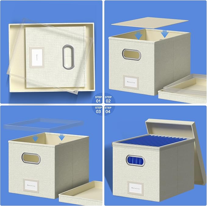 File Organizer Box - File Boxes for Hanging Files with Lid Set of 2 Decorative Hanging Folders Organizer with One-Piece Plastic Frame Slides (Beige White, 13.2 * 10.1 * 10.1in(2Pack)) - Image 7