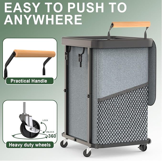 150L Laundry Basket with Wheels,Rolling Basket Hamper with Lid&Handle Gray | Laundry Organizer Storage Cart with Heavy Duty Sturdy Metal Frame for Home, Hotel, Laundry Room - Image 3