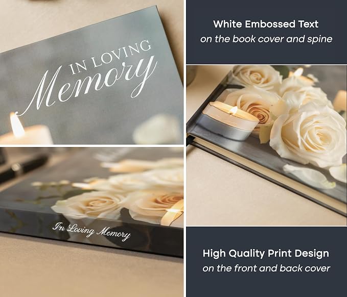 Rose Hardcover Funeral Guest Book - 9.5 x 7 Celebration of Life Guestbook for Memorial Service with 5x7 Paper Sign, Pen, Black Photo Corner Stickers - Image 6