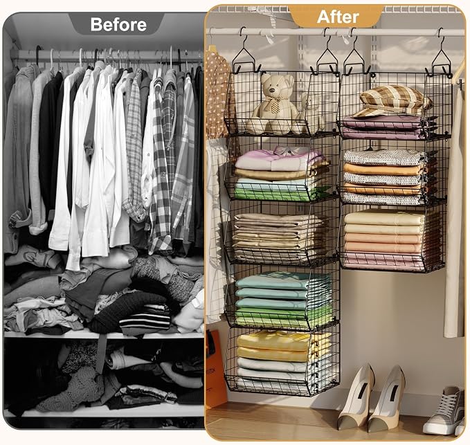 6 Tier Closet Hanging Organizer, Clothes Hanging Shelves with 4 Hanging Hooks 5 S Hooks, Wire Storage Basket Bins, for Clothing Sweaters Shoes Handbags Clutches Accessories Patent Design-Black - Image 7
